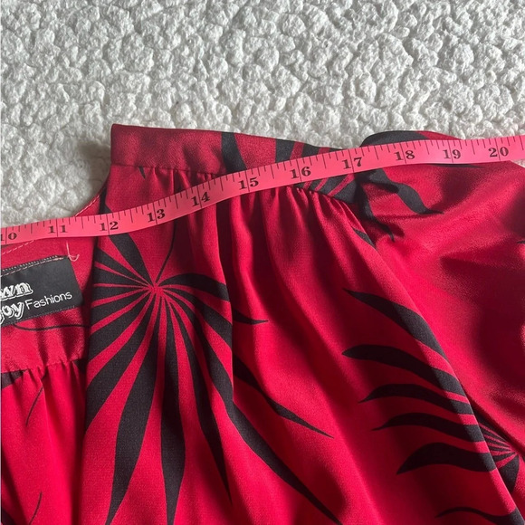Vintage Dawn Joy red/black dress, cinched/tie waist, open fold-over front, Sz L - Picture 8 of 11